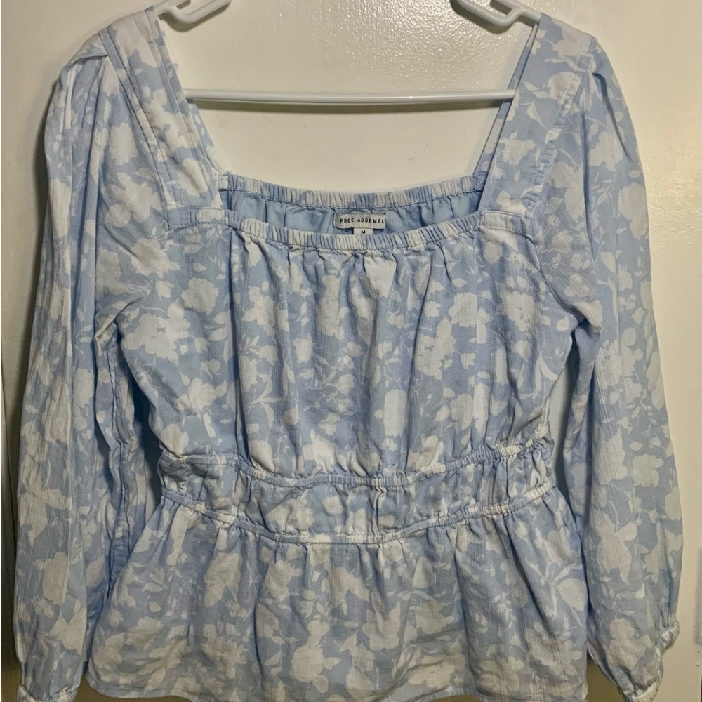 Free Assembly Women's Square Neck Top Blouson Sleeves Baby Blue Size Medium